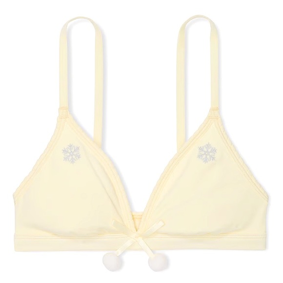 🔥VS Pink powder puff soft unlined bralette w pom poms & snowflakes sz XL NWT - Picture 1 of 8